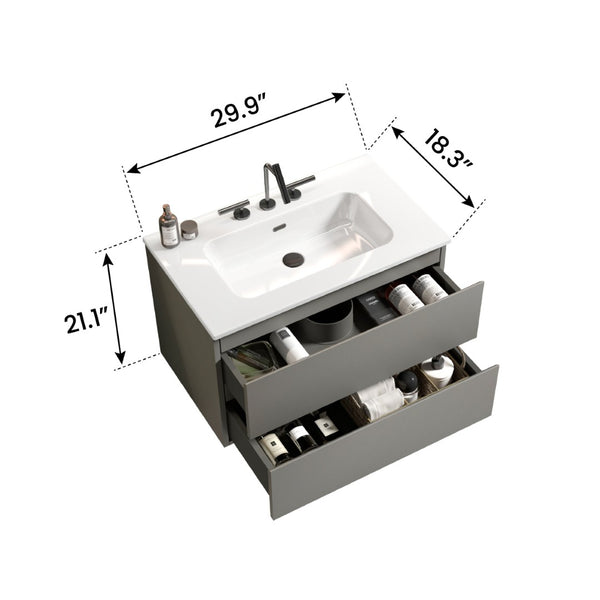 English Elm Tia 30" Modern Floating Bathroom Vanity In Space Grey With Ceramic Sink & Large Storage Solutions W1865S00066-GIGA