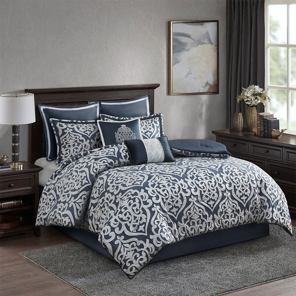 English Elm 8 Piece Jacquard Comforter Set - Luxurious Navy/Silver Cal King Ensemble For Elegant Bedroom Decor B035128891