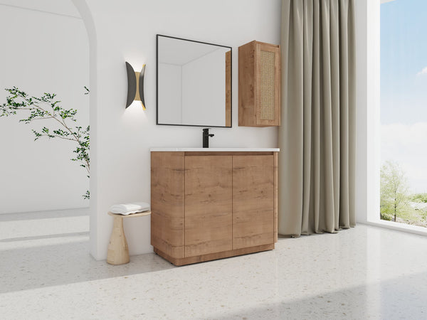 English Elm 40'' Freestanding Bathroom Vanity With Ceramic Sink, Soft-Close Doors & Side Cabinet For Stylish Storage W999S00404