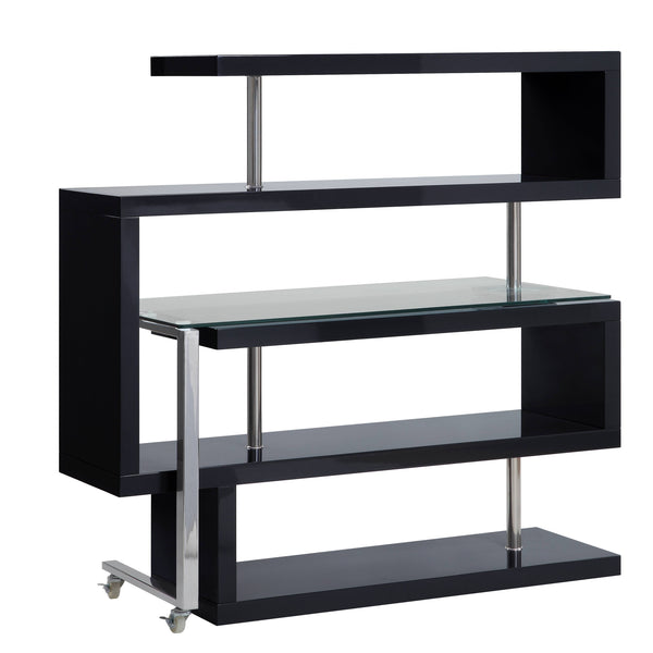 English Elm Buck Modern Buck Glass Writing Desk with Chrome High-Gloss Frame, 360° Swivel, Shelves & Wheels Black 51 L x 28 W x 4.5 H B2726S00026