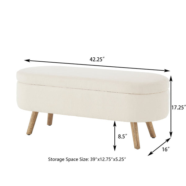 English Elm Luxury Boucle Oval Ottoman Bench with Hidden Storage Rubberwood Legs Entryway Seat Ivory W2186P430717