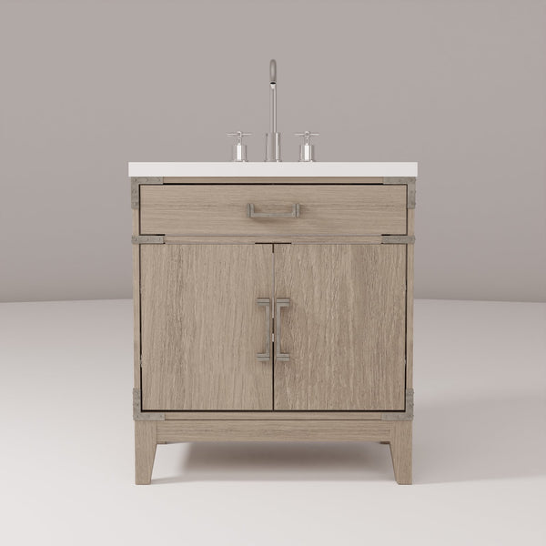 English Elm Grey Grey Oak Single Bath Vanity 30" W x 22" D with White Quartz Top, Soft-Close, Chrome Faucet Set, Storage B2731P259773