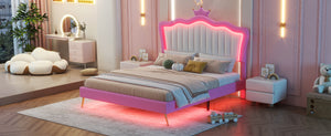 English Elm Full Size Upholstered Princess Bed Frame With Led Lights, Crown Headboard In Pink & White Design W2770P190360
