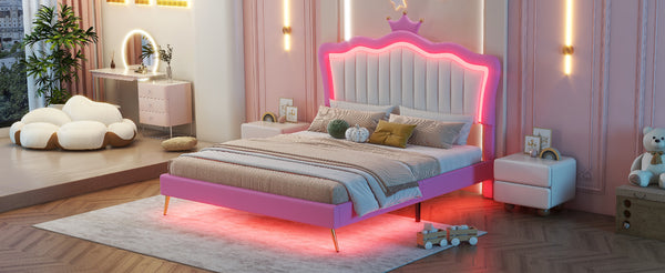 English Elm Full Size Upholstered Princess Bed Frame With Led Lights, Crown Headboard In Pink & White Design W2770P190360