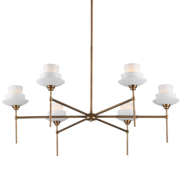 Etiquette Chandelier - Mid-Century Modern Antique Brass Fixture with Bone China Cups & Adjustable Design