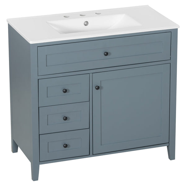 English Elm 36-Inch Blue Gray Modern Bathroom Vanity With Durable Rubberwood Cabinet, Sink & 3 Drawers For Storage N725P350821E