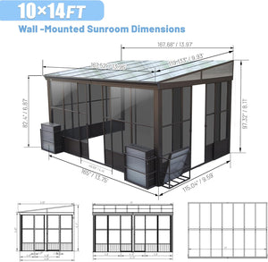 English Elm 10x14ft Aluminum Lean to Solarium with Polycarbonate Panels and Dual Sliding Doors W1859P238678