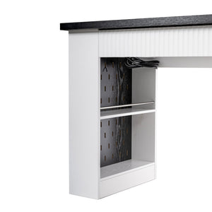 English Elm 55" Fluted White Computer Desk with Power Outlet Pegboard Cabinet and Keyboard Tray W2917P396008