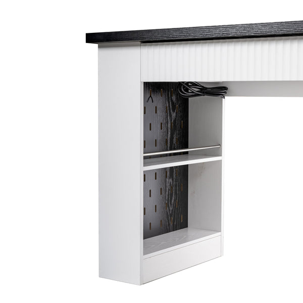 English Elm 55" Fluted White Computer Desk with Power Outlet Pegboard Cabinet and Keyboard Tray W2917P396008