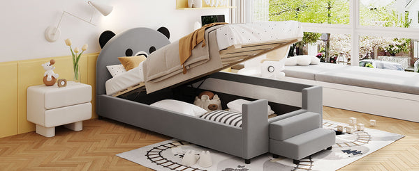 English Elm Twin Velvet Daybed Bear Headboard Hydraulic Storage Kids Bedroom Frame Gray SF000129AAE
