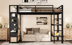 English Elm Full Size Loft Bed Frame With Integrated Wardrobe, Storage Shelves, And Pegboard For Smart Living W1580S00232