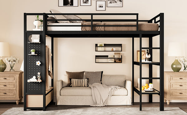 English Elm Full Size Loft Bed Frame With Integrated Wardrobe, Storage Shelves, And Pegboard For Smart Living W1580S00232
