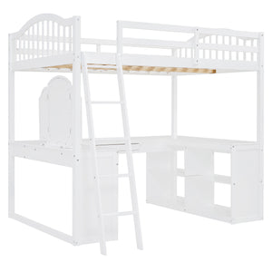 English Elm Full Wood Loft Bed with Wraparound Study Desk Built-in Storage and Vanity Mirror N708S00008K