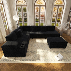 English Elm 110.2" Corduroy Sectional Sleeper Sofa with Ottoman Usb Ports Storage Armrests Living Room Black W3219S00014