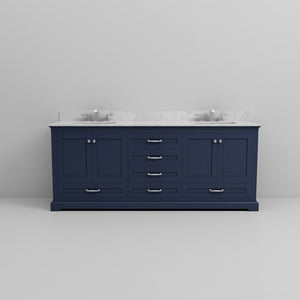 English Elm Navy Double Bath Vanity 80" W x 22" D with Carrara Marble Top, Chrome Faucet, Soft-Close Storage B2731P258408