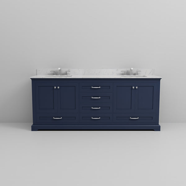 English Elm Navy Double Bath Vanity 80" W x 22" D with Carrara Marble Top, Chrome Faucet, Soft-Close Storage B2731P258408