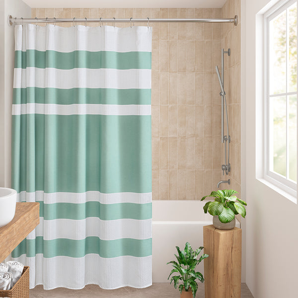 JLA Home Madison Park - Shower Waffle-Textured Curtain with Scotchgard Water-Repel — Heathered Stripe for Spa-Like Bath Ambience Aqua MP70-1485