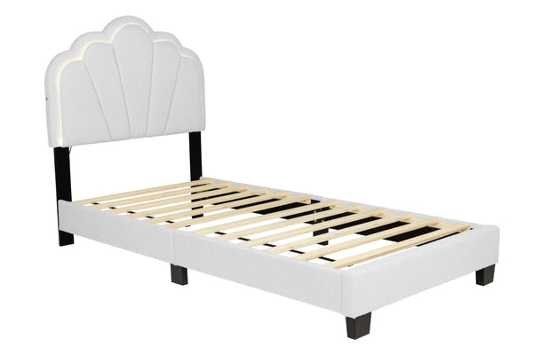 English Elm 1pc Twin Platform Bed White Wool Upholstery Floral Tufted Headboard with Built-in Led B011P417508