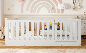 English Elm Twin Solid Pine Montessori Floor Bed with House Frame Door and Safety Fence Light White W5305P420635