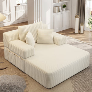 English Elm Luxurious Corduroy Convertible Chaise Lounge Sofa Bed with Foam Support for Apartments Beige W3219P449012