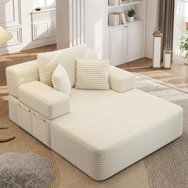English Elm Luxurious Corduroy Convertible Chaise Lounge Sofa Bed with Foam Support for Apartments Beige W3219P449012