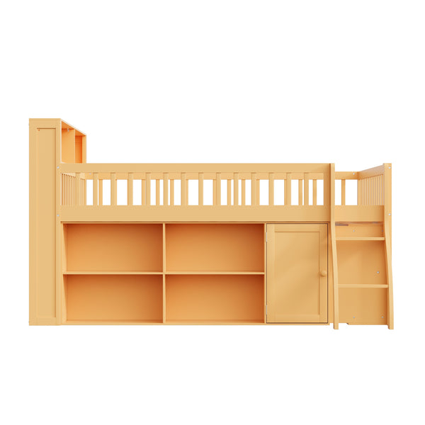 English Elm Full Size Kids Loft Bed with Led Headboard Open Shelving and Natural Wood Frame Natural N7090005024N