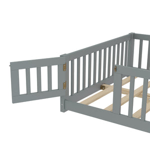 English Elm Full Floor Bed with Safety Guardrails and Play Door for Kids, Low Profile Pine Frame, 550lb Capacity Gray W1580P338951