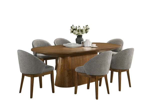 English Elm Andreo Oval Walnut Pedestal Dining Table Set Seats 8 with Gray Upholstered Chairs B2749S00360