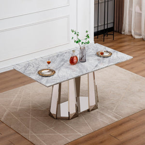 English Elm Marble Dining Table For 6-8 People, 70'' Rectangle Faux Marble Top With Stylish Chrome Base Finish W3456S00013