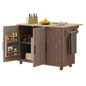 English Elm K&K Farmhouse Kitchen Island with Geometric Twill Doors, ASH Bark Top, Drop Leaf & Lockable Wheels Brown N707P221444Z