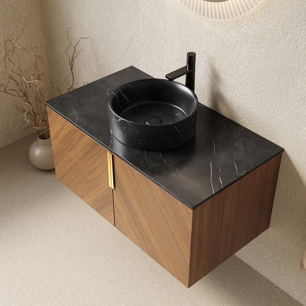 English Elm Dina Floating Bathroom Vanity Sintered Stone Top Glass Basin Striped Plywood Cabinet W2615S00550