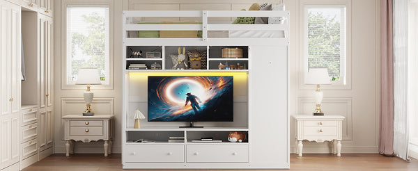 English Elm Full Size Loft Bed with Led Lighting Wardrobe Drawers and Shelves for Teen Rooms White LT000499AAK