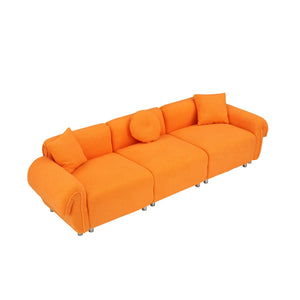 English Elm 112 Plush Teddy Velvet Sofa 112" x 38.2" x 28.3" with Metal White Legs, 3-Person Seating, 3 Pillows, 500lb Capacity Orange W1278S00047