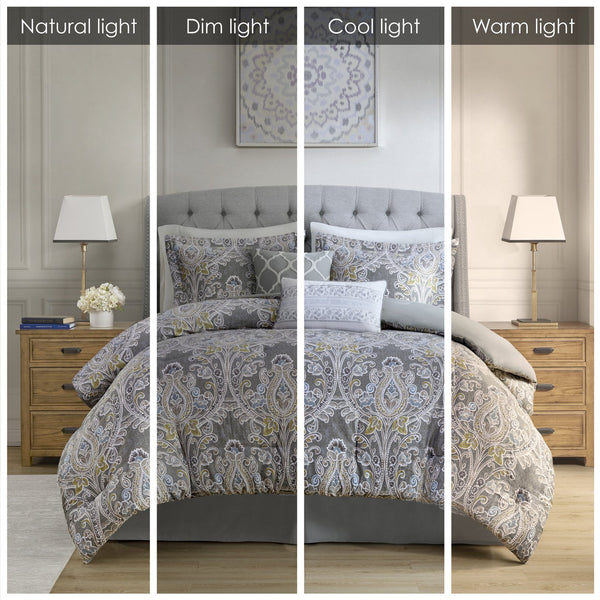 English Elm 6 Piece Cotton Comforter Set - Elegant Grey Damask King Bedding With Decorative Pillows & Bedskirt B03595746