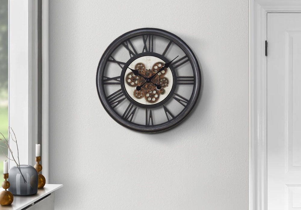 English Elm Clocks, 20" Round Wall Clock With Gear Mechanism, Black Roman Design For Elegant Home Décor B2710P287142