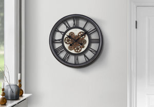 English Elm Clocks, 20" Round Wall Clock With Gear Mechanism, Black Roman Design For Elegant Home Décor B2710P287142