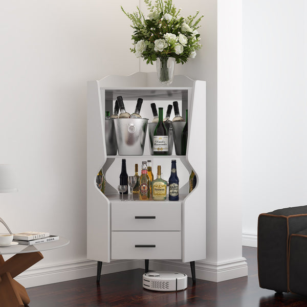 English Elm Wooden Corner Bar Cabinet with Mirrored Back, High Legs, 2 Shelves & 2 Drawers for Stylish Storage White W2899P374345