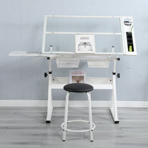 English Elm White Tempered Glass Drafting Table with Chair Steel Frame Tilting Artist Desk W347119824
