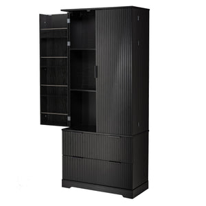 English Elm 72" Modern Fluted Pantry Cabinet with 2 Large Silent Drawers, 8-Door Spice Rack & Adjustable Shelf Organizer Black W2917P294988