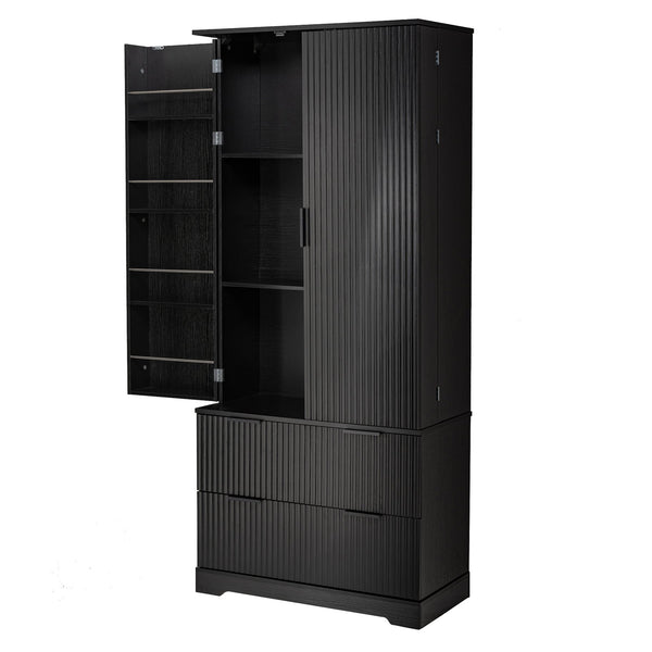 English Elm 72" Modern Fluted Pantry Cabinet with 2 Large Silent Drawers, 8-Door Spice Rack & Adjustable Shelf Organizer Black W2917P294988