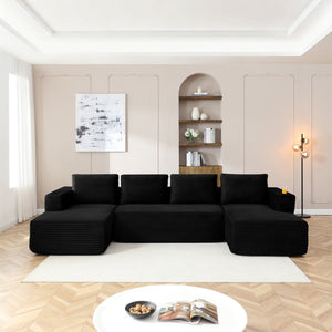 English Elm 132" Modular U-shaped Corduroy Sectional with Cloud Cushioning and Built-in Cupholders W1117S00314