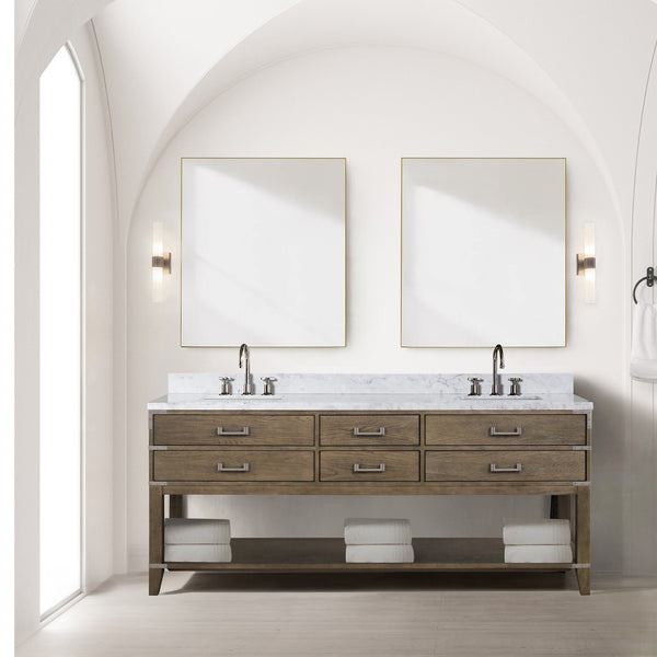 English Elm Grey Oak Double Bath Vanity With Carrara Marble Top & Mirrors - Elegant Storage Solution For Your Bath B2731S01655