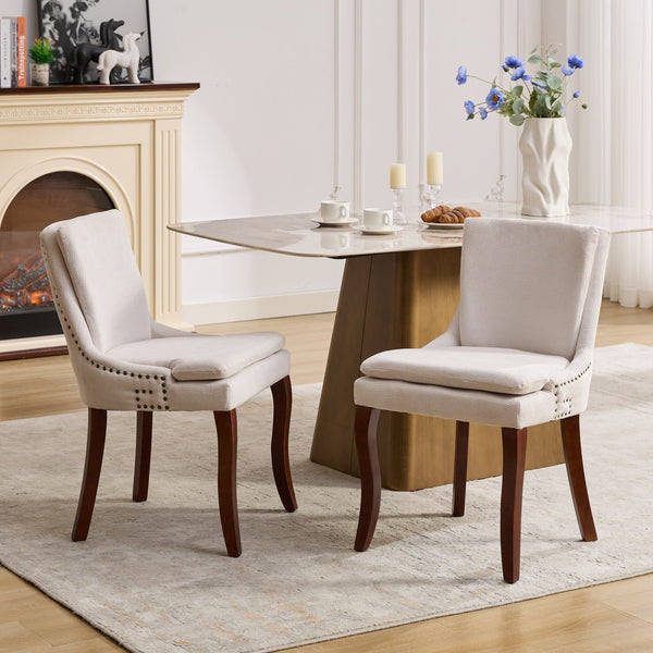 English Elm Modern Dining Chairs Set of 2 with Double-Layer Cushioned Chenille Upholstery, Curved Solid Wood Legs Beige W1143P207917