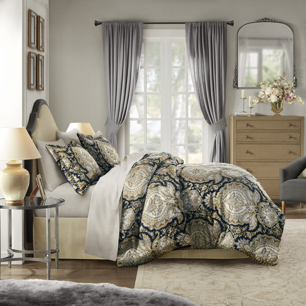 JLA Home Croscill Classics - 4 Medallion Chenille Comforter Set - Reversible Navy & Ivory Luxe 4-Piece for Cozy, Timeless Style CCL10-0005