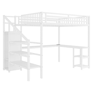 English Elm Metal Queen Loft Bed with Wardrobe, LED Light, L-Shaped Desk and USB Ports for Space-Saving Rooms White 65.75 L x 17.52 W x 6.3 H W2593S00039