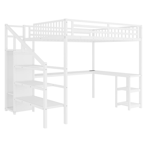 English Elm Metal Queen Loft Bed with Wardrobe, LED Light, L-Shaped Desk and USB Ports for Space-Saving Rooms White 65.75 L x 17.52 W x 6.3 H W2593S00039