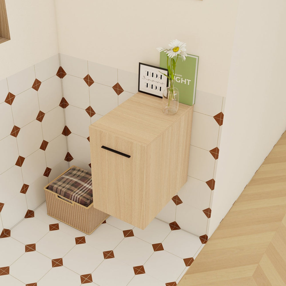English Elm 12" Wall-mounted Oak Plywood Bathroom Linen Cabinet Slim Floating Single Door Storage W3450P440600
