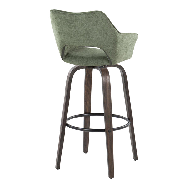 English Elm 30" Swivel Barstools Bentwood Walnut Legs Green Upholstery Cut-out Back Set of 2 B202S00629