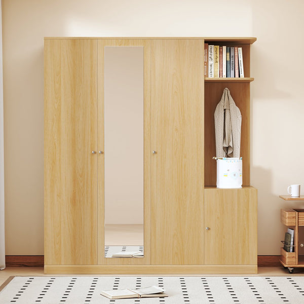English Elm 4-Door Wardrobe with Full-Length Mirror, Dust-Proof Compartments, Shoe Door & Anti-Tip Safety Features Natural N820S00056N