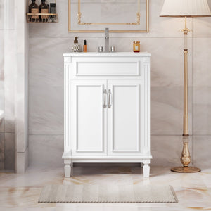 English Elm 24'' Bathroom Vanity with Sink - Solid Wood Frame, Glossy Ceramic Basin, Soft-Close Doors & Ample Storage Elegant Modern Design, Durable MDF Construction, Retro Metal Handles, Compact 24-inch Cabinet White N710P317675K